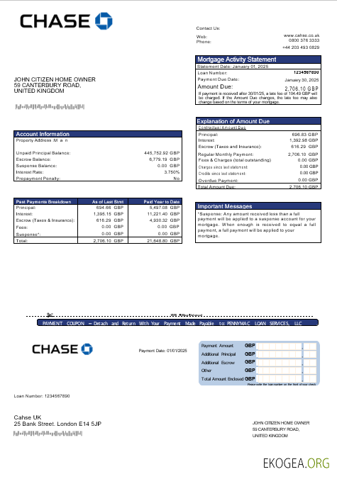 Royaume , Uni Relevé hypothécaire de la Chase Bank aux formats Word et PDF